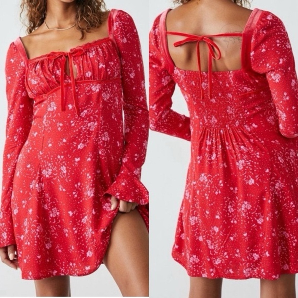 🔆 Free People Tess Floral Velvet Trim Long Sleeve Mini Dress, X-Small